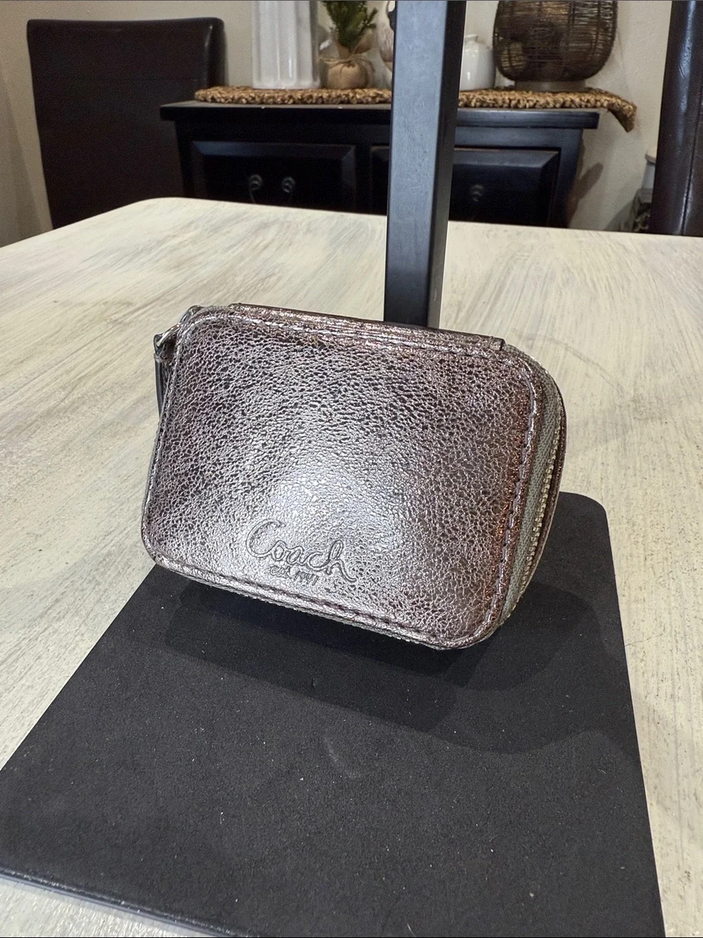Coach Metallic Bronze Poppy Leather Zip Around Pill Box